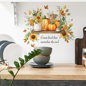 Kitchen wall decal featuring sunflowers pumpkins and nourishing soul quote in watercolor