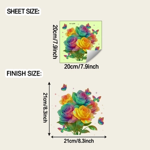 Luminous floral wall sticker showing the product sheet size and finished application dimensions