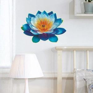 Luminous blue lotus wall sticker with water drops detail in a modern bedroom setting