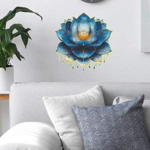 Detailed close-up of blue and gold lotus wall sticker with crystal pendant decorations