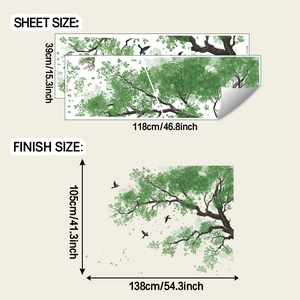 Infographic showing dimensions of green tree and bird wall decal set with layout size details