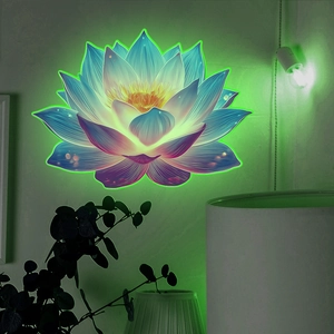 Detail showing glowing lotus wall sticker with luminous neon green outline and gradient colors