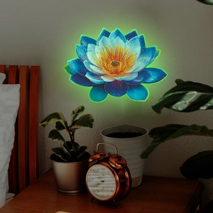 Detailed blue lotus glow in the dark wall sticker with realistic water drops texture