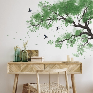 Modern PVC Big Green Tree Birds Wall Sticker Fresh Pastoral Forest Printed Decorative Wall Decal For Living Room Bedroom