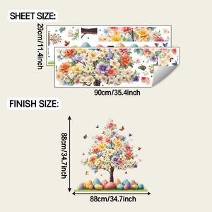 Size chart for floral tree and Easter egg wall stickers showing sheet and finish dimensions