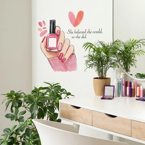 Nail polish hand wall sticker with She Believed She Could So She Did text for bedroom deco