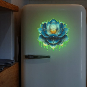 Luminous lotus wall sticker showing green neon glow effects on white refrigerator surface
