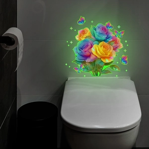 Luminous rainbow rose wall stickers with glowing butterflies for home bathroom decor