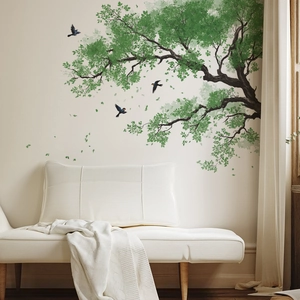 Fresh nature wall sticker featuring a large green tree and flying birds in a modern living room