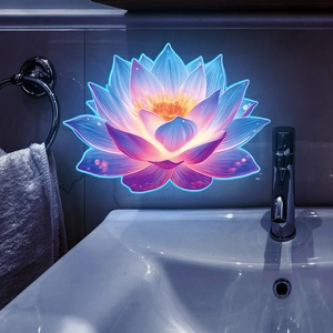 Luminous lotus flower wall sticker with glowing blue and pink neon petals in a bathroom setting