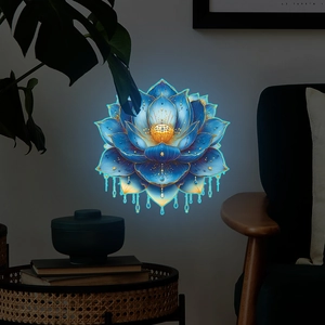 Luminous mandala lotus wall sticker with glowing blue and gold details in a dark living room
