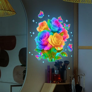 Luminous rainbow rose and butterfly wall stickers glowing in a romantic bedroom interior
