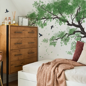 Large nature wall decal featuring a green leafy tree and flying birds for room decoration