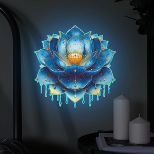 Detailed view of luminous lotus wall sticker with blue gold accents and jewel pendents