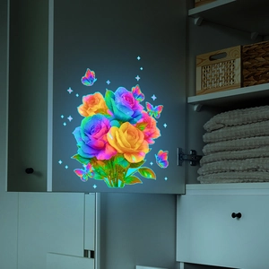 Luminous floral wall sticker with neon rose patterns and butterflies on a white cabinet