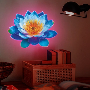Glow-in-the-dark 3D blue lotus wall sticker with neon edges and water drops