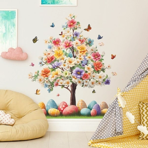 Colorful Easter flower tree wall sticker with butterflies and eggs for living room decor