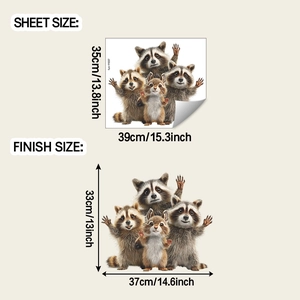Wall decal guide showing cute raccoon stickers sheet size and finish dimensions