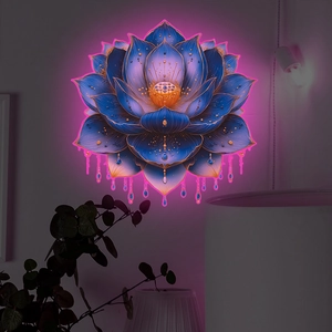 Luminous lotus wall sticker with glowing blue and gold layers and neon LED light effect
