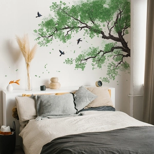 Nature wall sticker featuring a large green tree and flying birds for home bedroom decor