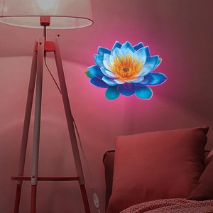 Detailed close-up of blue lotus wall sticker with glowing petals and yellow stamens