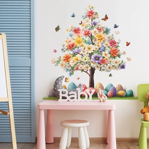 Colorful floral tree wall sticker with Easter eggs and butterflies for nursery decor