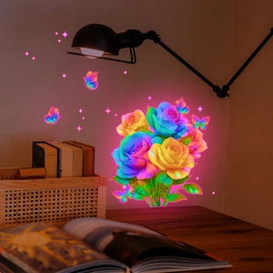 Luminous rainbow rose wall decal with colorful butterflies in a cozy room setting
