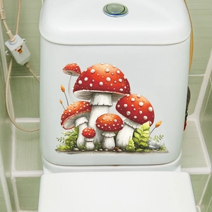 Red mushroom forest self-adhesive wall stickers applied on white ceramic toilet tank