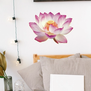 Detailed realistic blooming lotus wall decal on bedroom wall with soft ambient lighting