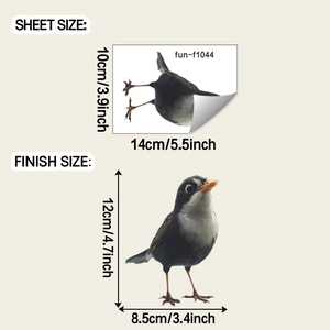 Detailed sheet and finish size dimensions for realistic black bird wall sticker