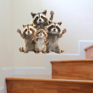 Cute raccoon wall stickers for living room decor featuring semi-realistic cartoon animals