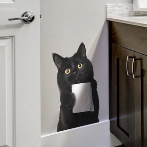 Creative black cat wall decal holding toilet paper roll for bathroom wall decoration