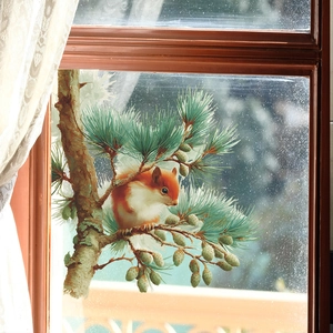 Self-adhesive wall sticker featuring a cute squirrel on pine branches for kitchen decor