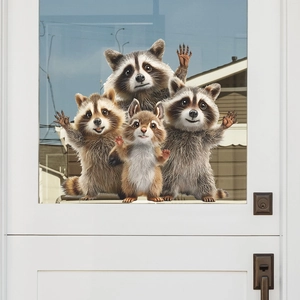 Cute cartoon raccoon waving greeting wall stickers for home glass door decoration