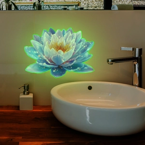Luminous lotus wall sticker showing blue glow effect on a bathroom tile surface