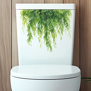 Fresh green weeping leaves toilet lid sticker for bathroom home decor and wall art