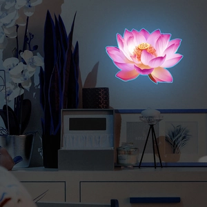 Luminous lotus flower wall sticker with pink petals and blue neon glow for home decor