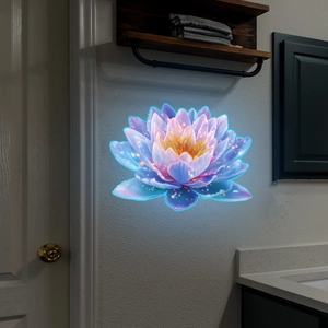 Luminous lotus flower wall sticker with purple petals and cyan neon glow for home decor
