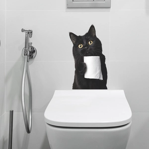 Creative 3D black cat wall sticker holding a toilet paper roll for bathroom decor