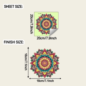 Detailed size guide showing a 20cm square sheet and 18cm round mandala wall sticker