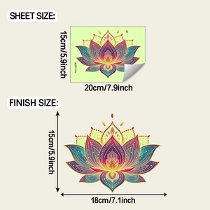 Luminous lotus mandala wall sticker set in vibrant purple and yellow hues with dimensions