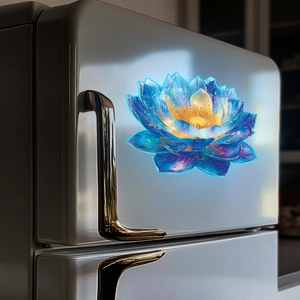 Luminous blue lotus wall sticker with golden center on silver metal background