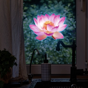Glow-in-the-dark luminous lotus wall sticker showing pink petals on dark glass background
