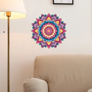 Creative colorful mandala wall sticker decal displayed on living room wall above a sofa