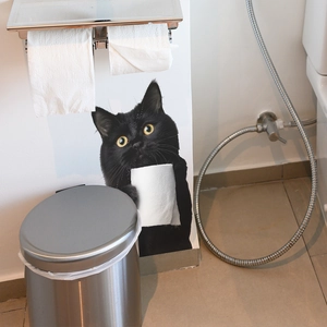 Creative black cat bathroom wall sticker holding toilet paper on white bathroom wall