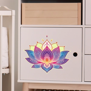 Luminous lotus mandala wall decal with vibrant symmetry on minimalist white furniture