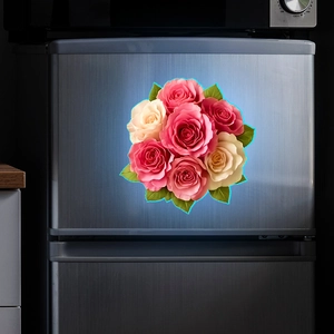 Glow-in-the-dark rose flower magnet with pink petals on a metal refrigerator door