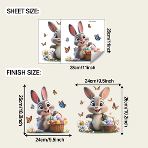 Detail view of Easter bunny wall stickers showing sheet and finished size dimensions