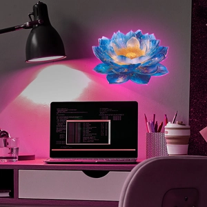 Luminous blue lotus wall sticker glowing with neon light in a modern desk setup