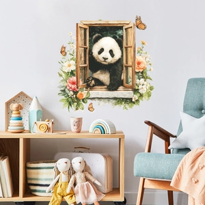 Sticker mural 3D panda à la fenêtre avec fleurs et papillons pour déco de maison